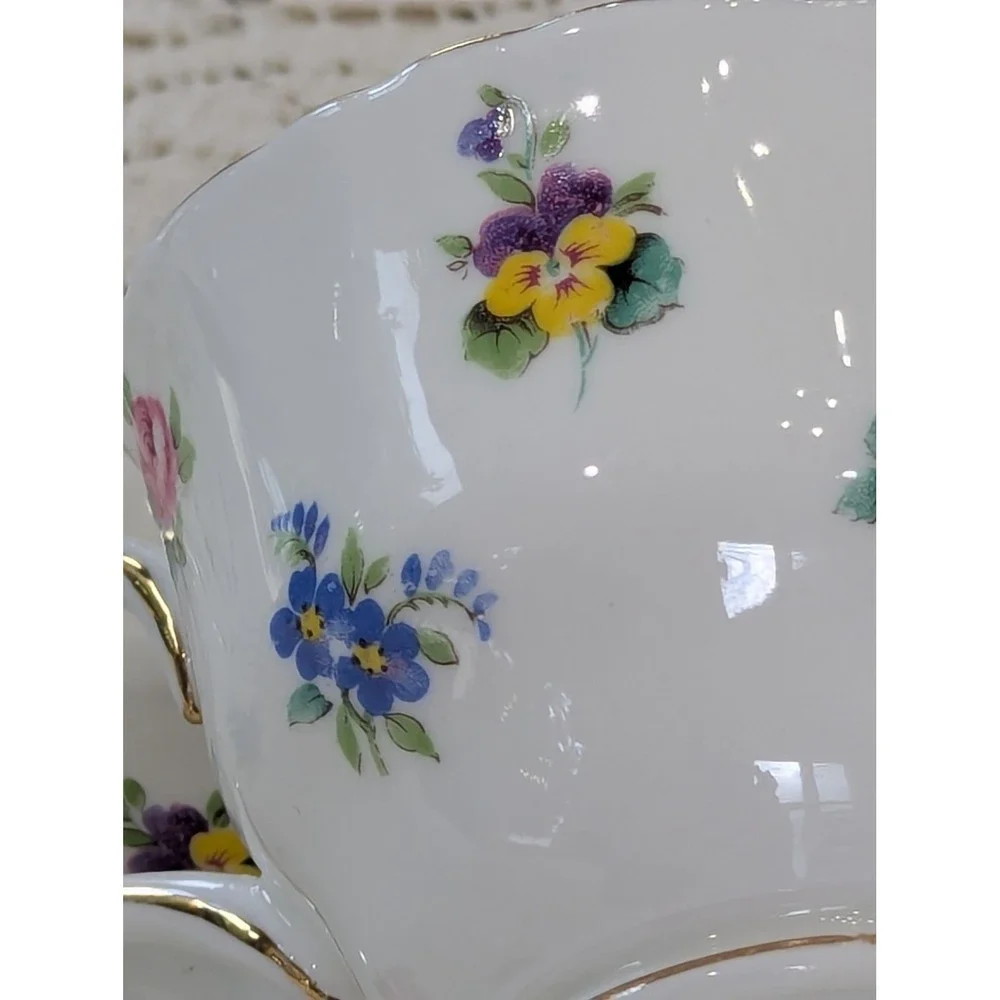 Vintage Tea Cup and Saucer Set White Floral Crown Staffordshire Gold
